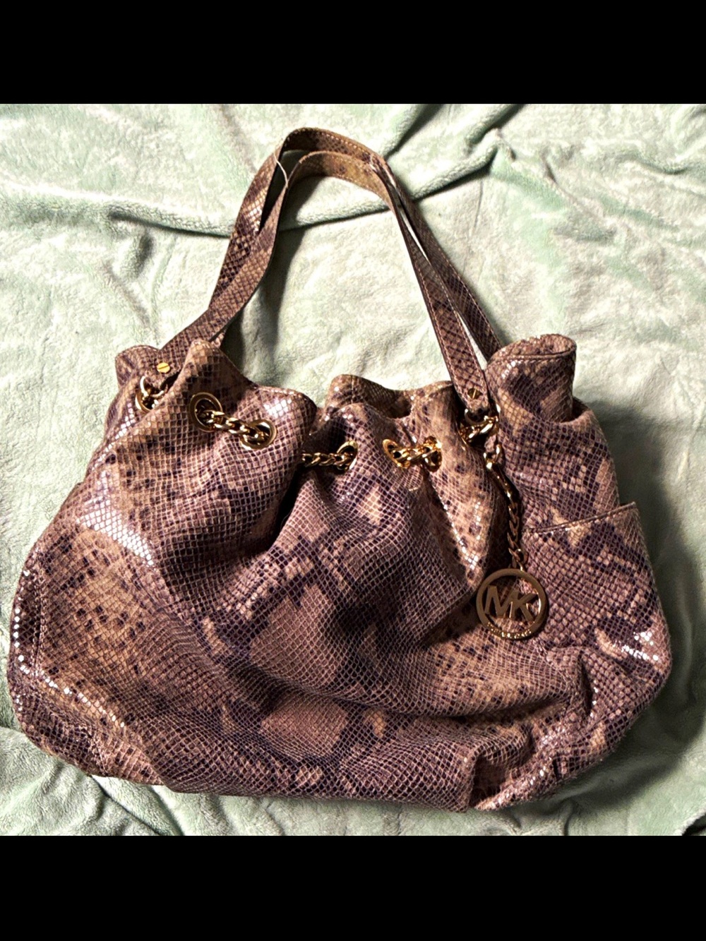 Michael Kors Brown Snake-Print Shoulder Bag with Gold Hardware